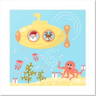 Underwater Christmas - Santa Claus in a yellow submarine Posters and Art